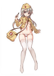 Rule 34 | 1girl, bag, breasts, brown eyes, cameltoe, cleft of venus, first aid kit, full body, garrison cap, gluteal fold, grey hair, hair between eyes, hand up, hat, highres, holding, holding pen, jacket, long hair, long sleeves, looking at viewer, low twintails, lowleg, lowleg panties, no bra, open clothes, open jacket, panties, pen, satchel, see-through, simple background, small breasts, solo, stmast, thighhighs, thighs, triangle mouth, twintails, underwear, verniy (warship girls r), warship girls r, white background, white panties