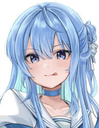 Rule 34 | 1girl, blue choker, blue eyes, blue hair, choker, colored inner hair, hair between eyes, hair bun, highres, hololive, hoshimachi suisei, hoshimachi suisei (school uniform), light blue hair, long hair, looking at viewer, multicolored hair, one side up, otsu hai18, portrait, sailor collar, sidelocks, simple background, smile, solo, star (symbol), star in eye, symbol in eye, tongue, tongue out, virtual youtuber, white background