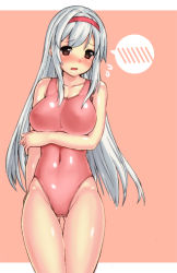 Rule 34 | 10s, 1girl, blush, brown eyes, competition swimsuit, covered navel, cowboy shot, embarrassed, flying sweatdrops, gluteal fold, hairband, kantai collection, kurogane daichi, long hair, one-piece swimsuit, open mouth, pink one-piece swimsuit, shoukaku (kancolle), silver hair, solo, spoken blush, standing, swimsuit, thigh gap
