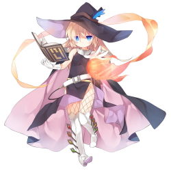 Rule 34 | 1girl, belt, blonde hair, blue eyes, book, boots, cape, fire, fishnet legwear, fishnets, full body, gloves, hat, long hair, looking at viewer, original, saru, simple background, solo, white background, white gloves, witch hat