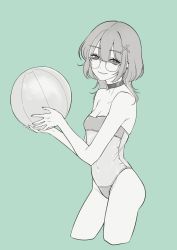 Rule 34 | 1girl, ball, bare shoulders, beachball, breasts, choker, cleavage, contrapposto, cropped legs, earrings, glasses, green background, green theme, gris swimsuit, hair ornament, hairclip, highres, holding, indie virtual youtuber, jewelry, long hair, looking at viewer, meme attire, monochrome, mugen0017, mugen (vtuber), navel, one-piece swimsuit, over-rim eyewear, semi-rimless eyewear, simple background, small breasts, smile, solo, swimsuit, virtual youtuber, white background, x hair ornament