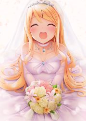 Rule 34 | 1girl, :d, ^ ^, bare shoulders, blonde hair, blush, bouquet, breasts, bridal veil, choker, closed eyes, collarbone, commentary request, detached sleeves, dress, closed eyes, facing viewer, flower, hair ornament, hairclip, highres, holding, holding bouquet, kin-iro mosaic, kujou karen, long hair, medium breasts, minato ojitan, off-shoulder dress, off shoulder, open mouth, pink flower, pink rose, rose, see-through, smile, solo, tears, teeth, tiara, upper teeth only, veil, very long hair, wedding dress, white choker, white dress, white flower, white sleeves, x hair ornament, yellow flower