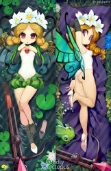 Rule 34 | 1girl, arm behind head, bare legs, blonde hair, bow (weapon), braid, breasts, butterfly wings, commentary, crossbow, cuddly octopus, dakimakura (medium), detached sleeves, fairy, flower, frog, full body, grass, hair flower, hair ornament, high heels, highres, insect wings, krokobyaka, leotard, lily pad, long hair, looking at viewer, mercedes (odin sphere), mini person, minigirl, mixed-language commentary, multiple views, odin sphere, red eyes, shoe dangle, shoes, small breasts, twin braids, unworn shoe, unworn shoes, water, weapon, white footwear, white leotard, wings