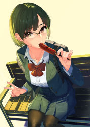 Rule 34 | 1girl, absurdres, bench, black pantyhose, blazer, blue jacket, blue skirt, bob cut, bow, bowtie, collarbone, commentary, dress shirt, eating, food, foreshortening, glasses, green hair, highres, holding, holding food, hot dog, jacket, kagematsuri, ketchup, looking at viewer, looking up, open clothes, open jacket, original, pantyhose, pleated skirt, purple eyes, red bow, red bowtie, school uniform, semi-rimless eyewear, shadow, shirt, short hair, simple background, sitting, skirt, solo, stick, sweatdrop, uniform, v, white shirt, yellow background