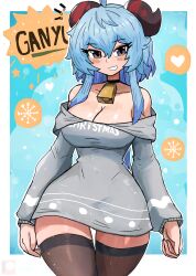 Rule 34 | 1girl, absurdres, ahoge, bell, black thighhighs, blue background, blue hair, blush, breasts, brown eyes, choker, christmas, cleavage, clothes writing, collarbone, cowbell, ganyu (genshin impact), genshin impact, goat horns, grey sweater, grin, heart, highres, horns, large breasts, long sleeves, looking at viewer, off shoulder, oversized clothes, short hair, sidelocks, smile, snowflakes, sparkle, speech bubble, spoken heart, standing, sweater, teeth, thighhighs, tony welt, wide hips