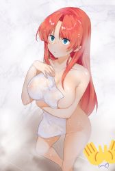 Rule 34 | 1girl, bare shoulders, blue eyes, blush, breasts, censored, clover (lapis lazure), collarbone, commentary request, emoji, emoji censor, highres, hong meiling, large areolae, large breasts, long hair, looking to the side, open mouth, parted bangs, red hair, see-through, sidelocks, solo, standing, tile floor, tiles, touhou, towel