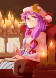Rule 34 | 1girl, bespectacled, book, bow, candle, capelet, chair, crescent, cup, daitai konna kanji, female focus, glasses, hair bow, hat, long hair, patchouli knowledge, purple eyes, purple hair, sitting, solo, touhou