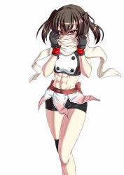 Rule 34 | 1girl, abs, bike shorts, brown eyes, buttons, double-breasted, fingerless gloves, glaring, gloves, kantai collection, looking at viewer, midriff, muscular, muscular female, navel, remodel (kantai collection), rigid, rigidsteed, scarf, sendai (kancolle), shorts, simple background, sports bra, two side up, white scarf