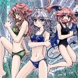 3girls bikini blush bow braid fang female_focus hair_bow head_wings hong_meiling izayoi_sakuya koakuma maid_headdress multiple_girls nanashii_(soregasisan) navel one-piece_swimsuit open_mouth red_eyes red_hair side-tie_bikini_bottom grey_eyes silver_hair swimsuit tail touhou twin_braids wings