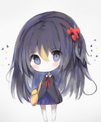 Rule 34 | 1girl, bad id, bad pixiv id, bag, black hair, black shirt, blonde hair, blue skirt, blush, bow, chibi, closed mouth, collared shirt, cottontailtokki, full body, grey background, hair between eyes, hair bow, head tilt, long hair, looking at viewer, multicolored hair, neck ribbon, no shoes, one side up, original, pleated skirt, purple eyes, red bow, red ribbon, ribbon, shirt, shoulder bag, skirt, smile, solo, standing, streaked hair, thighhighs, very long hair, white thighhighs