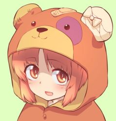Rule 34 | 1girl, animal costume, animal hood, bandages, bandaid, bear costume, bear hood, blush, boko (girls und panzer), commentary, girls und panzer, green background, hood, light blush, looking at viewer, monolith (suibou souko), open mouth, portrait, short hair, simple background, smile, solo