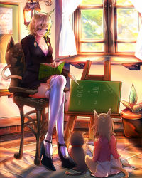 Rule 34 | 2girls, age difference, animal ears, black footwear, black skirt, blazer, blonde hair, blue eyes, book, braid, breasts, cat, cat ears, cat girl, cat tail, chair, chalk, chalkboard, child, cleavage, curtains, easel, hair over shoulder, high heels, highres, indoors, jacket, lamp, crossed legs, long sleeves, looking at another, masayoshi, miniskirt, multiple girls, on floor, open book, open mouth, original, over-kneehighs, paw print, plant, potted plant, reading, scenery, shoes, short hair, sitting, skirt, skirt set, sunlight, tail, teacher, teacher and student, teaching, thighhighs, twin braids, white legwear, window, zettai ryouiki