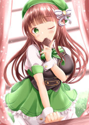 Rule 34 | 1girl, ;), backlighting, beret, black vest, bloomers, blunt bangs, blush, bow, breasts, brown hair, chocolate, closed mouth, commentary request, curtains, day, food, food in mouth, frilled skirt, frills, gochuumon wa usagi desu ka?, green bow, green eyes, green hat, green skirt, hand up, hat, hat bow, highres, holding, holding food, large breasts, long hair, mouth hold, one eye closed, puffy short sleeves, puffy sleeves, shirt, short sleeves, skirt, smile, solo, striped, striped bow, sunlight, ujimatsu chiya, underwear, very long hair, vest, white bloomers, white bow, white shirt, window, wrist cuffs, xenon (for achieve)