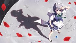 Rule 34 | 1girl, apron, arm up, between fingers, black footwear, blue dress, blue eyes, bow, braid, breasts, clock, commentary, dress, frilled apron, frills, from above, full body, green bow, green ribbon, hair between eyes, hair bow, highres, holding, holding knife, holding weapon, holster, izayoi sakuya, knife, knives between fingers, maid, maid apron, maid headdress, medium breasts, neck ribbon, petals, petticoat, puffy short sleeves, puffy sleeves, ribbon, roman numeral, shadow, shoes, short hair, short sleeves, silver hair, solo, standing, thigh holster, thighs, torinari (dtvisu), touhou, twin braids, waist apron, weapon, white apron, wing collar