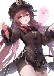 Rule 34 | 1girl, black hat, black nails, black shorts, brooch, brown hair, claw pose, coat, coattails, collared coat, collared shirt, cowboy shot, flower, flower-shaped pupils, genshin impact, ghost, hair between eyes, hat, hat flower, hat ornament, highres, hu tao (genshin impact), jewelry, kachayori, long hair, long sleeves, looking at viewer, nail polish, plum blossoms, porkpie hat, red eyes, red shirt, ring, shirt, shorts, simple background, smile, solo, standing, symbol-shaped pupils, talisman, tassel, tongue, tongue out, twintails, very long hair, vision (genshin impact), white background