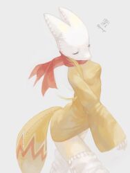 Rule 34 | 1girl, animal ears, blonde hair, closed eyes, fake animal ears, fake tail, final fantasy, final fantasy tactics, highres, long sleeves, mask, mime (fft), pr (puru), solo, sweater, tail, thighhighs, twitter username, white background, zettai ryouiki