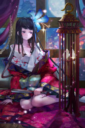 Rule 34 | 1girl, architecture, bird, birdcage, black hair, cage, curtains, east asian architecture, hand fan, fangzhenyu, floral print, flower, hair flower, hair ornament, inishie no megami to houseki no ite, japanese clothes, long hair, moon, official art, paper fan, sitting, wide sleeves, window