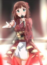 Rule 34 | 1girl, amami haruka, aqua eyes, asymmetrical sleeves, blurry, blurry background, blurry foreground, bracelet, brown hair, cowboy shot, dars (recolors), floral print, flower, gold trim, hair flower, hair ornament, holding, holding microphone, idol, idolmaster, idolmaster (classic), japanese clothes, jewelry, kimono, looking at viewer, microphone, miniskirt, music, obi, open mouth, outstretched arm, print kimono, red flower, red kimono, red rose, rose, sash, short hair, singing, sketch, skirt, solo, stage, standing, uneven sleeves, unmoving pattern, white skirt