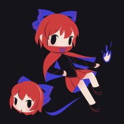 Rule 34 | 1girl, black background, black shirt, black skirt, blue bow, bow, capelet, chibi, cobalta, commentary request, disembodied head, fire, fire, hair bow, pleated skirt, red capelet, red hair, red skirt, sekibanki, shirt, short hair, simple background, skirt, touhou