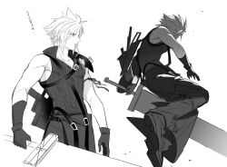 Rule 34 | 1boy, apron, arm ribbon, armor, belt, cloud strife, collarbone, commentary, duoj ji, english commentary, final fantasy, final fantasy vii, final fantasy vii advent children, gloves, greyscale, high collar, highres, holding, holding sword, holding weapon, huge weapon, looking to the side, male focus, monochrome, multiple belts, multiple views, pants, ribbon, shoulder armor, sleeveless, spiked hair, sword, twitter username, waist apron, weapon, white background