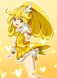 Rule 34 | 10s, 1girl, ass, blonde hair, bow, cure peace, hair flaps, homing (areya), kise yayoi, long hair, looking back, magical girl, panties, pantyshot, ponytail, precure, skirt, smile precure!, solo, underwear, v, wide ponytail, wind, wind lift, yellow background, yellow bow, yellow eyes, yellow skirt, yellow theme