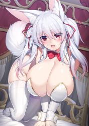 Rule 34 | 1girl, absurdres, all fours, animal ears, blush, bow, bowtie, breasts, cleavage, curvy, detached collar, detached sleeves, fang, fox ears, fox girl, fox tail, furrowed brow, gradient hair, hair ribbon, hanging breasts, high heels, highres, huge breasts, lips, long hair, looking at viewer, minamon (vittel221), multicolored hair, open mouth, original, red eyes, red hair, revealing clothes, ribbon, skindentation, smile, solo, tail, thighhighs, two-tone hair, two side up, white hair, white thighhighs, wrist cuffs