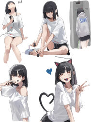 1girl :d absurdres animal_ears applying_makeup black_hair black_nails black_shorts blood blood_on_clothes brown_eyes cat_ears cat_tail cellphone cigarette dolphin_shorts english_text facial_tattoo fake_animal_ears fake_tail heart heart_tail highres holding holding_phone hood hoodie korean_text long_sleeves looking_at_viewer looking_down looking_up mac_star multiple_views nail_polish nosebleed open_mouth original phone shirt short_hair short_sleeves shorts simple_background single_off_shoulder sitting smile smoking star_tattoo t-shirt tail tattoo toenail_polish toenails translation_request v white_background white_hoodie white_shirt