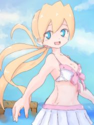 Rule 34 | 1girl, bikini, blonde hair, blue eyes, bow, breasts, capcom, ciel (mega man), cleavage, cloud, long hair, looking at viewer, open mouth, outstretched arm, ponytail, mega man (series), mega man zero (series), skirt, sky, small breasts, smile, solo, swimsuit, water