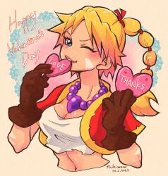 Rule 34 | 1girl, absurdres, artist name, bead necklace, beads, blonde hair, blush, breasts, brown gloves, chrono cross, cleavage, crop top, cropped jacket, cropped torso, dated, gloves, gold trim, hair ribbon, happy valentine, heart, highres, holding, holding heart, jacket, jewelry, kid (chrono cross), long hair, looking at viewer, medium breasts, midriff, multi-tied hair, navel, necklace, one eye closed, parted lips, ponytail, red jacket, red ribbon, ribbon, shikiwo, shirt, short sleeves, solo, torn clothes, torn shirt