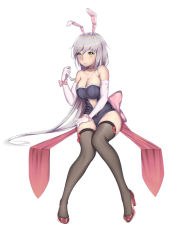 Rule 34 | 1girl, animal ears, black thighhighs, breasts, closed mouth, clothing cutout, elbow gloves, fake animal ears, frills, full body, gloves, grey hair, hand up, high heels, large breasts, leotard, long hair, navel cutout, original, playboy bunny, rabbit ears, simple background, smile, solo, strapless, strapless leotard, thighhighs, very long hair, white background, white gloves, xiaosan ye, yellow eyes