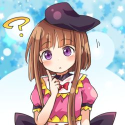 Rule 34 | 1girl, ?, blue background, blush, bow, bowtie, brown hair, hat, head tilt, looking at viewer, lowres, nishida satono, parted lips, pote (ptkan), puffy short sleeves, puffy sleeves, purple eyes, short hair with long locks, short sleeves, solo, star (symbol), starry background, tate eboshi, touhou, upper body
