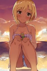 Rule 34 | 1girl, adjusting clothes, adjusting swimsuit, aiba yumi, animal, animated, animated gif, ass, beach, bikini, blonde hair, blush, breasts, brown eyes, cleavage, cloud, crab, flower, idolmaster, idolmaster cinderella girls, looking at viewer, medium breasts, ocean, outdoors, partially visible vulva, sand, seneto, shadow, short hair, sky, smile, solo focus, squatting, sweat, swimsuit, water