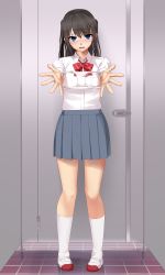 Rule 34 | 1girl, black hair, blue eyes, blurry, blurry background, blush, bow, bowtie, breast pocket, cat&#039;s cradle, collared shirt, cubicle, eto, full body, grey skirt, groin, highres, holding, holding clothes, holding panties, holding underwear, indoors, kneehighs, latch, locking, long sleeves, looking at viewer, miniskirt, original, outstretched arms, panties, parted lips, pleated skirt, pocket, presenting removed panties, reaching, reaching towards viewer, school uniform, shirt, shoes, skirt, socks, solo, standing, striped bow, striped bowtie, striped clothes, striped neckwear, tile floor, tiles, two side up, underwear, uwabaki, wavy mouth, white panties, white shirt, white socks, wing collar