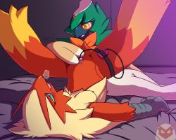 Rule 34 | 2girls, absurdres, animal hands, anus, artist name, beak, bed sheet, bird girl, bird tail, blaziken, blue eyes, blush, body fur, breasts, breath, brown fur, claws, clitoris, colored sclera, controller, creatures (company), decidueye, egg vibrator, female focus, furry, furry female, furry with furry, game freak, gen 3 pokemon, gen 7 pokemon, green fur, half-closed eyes, happy, highres, indoors, jaggy lines, legs up, looking at another, looking down, looking up, lying, medium breasts, multicolored fur, multiple girls, neck fur, nintendo, nipples, nulloffset, object insertion, on back, on bed, open mouth, pokemon, pokemon (creature), purple background, pussy, pussy juice, red fur, remote control, remote control vibrator, sex toy, sheet grab, signature, smile, spread legs, tail, thigh strap, two-tone fur, uncensored, vaginal, vaginal object insertion, vibrator, watermark, white fur, yellow eyes, yellow fur, yellow sclera, yuri
