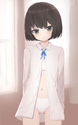 1girl black_eyes black_hair blue_ribbon bob_cut bow bow_panties bra closed_mouth commentary cowboy_shot crotch_seam dress_shirt gluteal_fold highres indoors long_sleeves looking_at_viewer navel neck_ribbon no_pants open_clothes open_shirt original panties ribbon shirt shooko short_hair smile solo standing training_bra underwear white_bra white_panties white_shirt window wing_collar