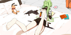 Rule 34 | 1girl, asymmetrical gloves, barefoot, bed, black legwear, book, calico m950, calico m950a, chair, cheek pistol, double-stack magazine, feet, full body, girls&#039; frontline, gloves, green hair, gun, hair between eyes, handgun, helical magazine, high-capacity magazine, long hair, looking at viewer, looking back, lounge chair, lying, m950a (girls&#039; frontline), machine pistol, on stomach, pistol, pov, reading, school uniform, serafuku, short shorts, shorts, soles, solo, stubby grip, stuffed animal, stuffed toy, thighs, toes, twintails, uneven gloves, unworn gloves, vertical forward grip, weapon, yellow eyes