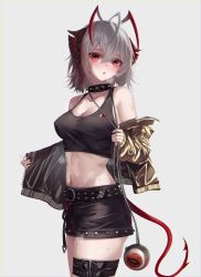 Rule 34 | 1girl, :o, absurdres, ambience synesthesia, antennae, arknights, bare shoulders, black neckwear, black shirt, black shorts, blush, breasts, choker, cleavage, collarbone, crop top, crossed bangs, from side, gold jacket, grey background, grey hair, highres, horns, jacket, long sleeves, looking at viewer, medium breasts, midriff, nail polish, navel, off shoulder, official alternate costume, parted lips, red eyes, red nails, shirt, shokuyou koori, short hair, short shorts, shorts, simple background, sleeveless, sleeveless shirt, solo, tail, thigh strap, w (arknights), w (cannot wait for) (arknights)