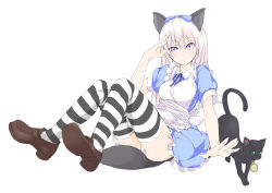 Rule 34 | 1girl, alice (alice in wonderland), alice (alice in wonderland) (cosplay), alice in wonderland, animal ears, apron, ashuku, blonde hair, blue eyes, cat, cat ears, cosplay, dress, eila ilmatar juutilainen, highres, loafers, long hair, mary janes, panties, purple eyes, ribbon, shoes, smile, solo, strike witches, striped clothes, striped thighhighs, tail, thighhighs, underwear, white hair, world witches series
