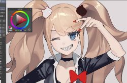 Rule 34 | 1girl, arm up, bad id, bad twitter id, bear hair ornament, black bra, black shirt, blue eyes, bow, bra, breasts, choker, collarbone, danganronpa: trigger happy havoc, danganronpa (series), enoshima junko, grey background, grin, hair ornament, highres, large breasts, long hair, looking at viewer, nail polish, one eye closed, red bow, red nails, seveneightdu, sharp teeth, shirt, simple background, smile, solo, tagme, teeth, twintails, underwear, unfinished, upper body, v