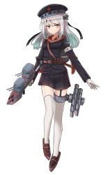 Rule 34 | 1girl, belt, belt buckle, black hat, black jacket, black skirt, blush, breasts, brown belt, buckle, collarbone, full body, garter straps, gloves, hammer and sickle, hat, headband, headgear, highres, jacket, kiev (warship girls r), kiev class destroyer, long hair, long sleeves, looking at viewer, multicolored hair, original, pleated skirt, rigging, sailor collar, shirt, silver hair, simple background, skirt, small breasts, solo, soviet flag, striped clothes, striped shirt, telnyashka, thigh strap, thighhighs, torpedo, turret, two-tone hair, warship girls r, white background, white gloves, yakob labo, yellow eyes