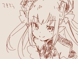 Rule 34 | 10s, 1girl, asymmetrical horns, blush, breasts, closed mouth, detached sleeves, dragon girl, dragon horns, elizabeth bathory (fate), elizabeth bathory (fate/extra ccc), elizabeth bathory (first ascension) (fate), fate/extra, fate/extra ccc, fate (series), half-closed eyes, hatching (texture), horns, kanzaki hiro, long hair, looking at viewer, monochrome, pointy ears, red theme, simple background, sketch, small breasts, smile, solo, tegaki draw and tweet, translation request, tsurime, uneven horns, upper body