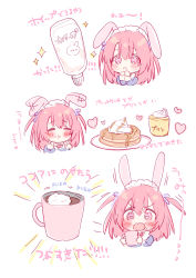 Rule 34 | 1girl, :d, :t, afterimage, blue dress, blush, chibi, closed eyes, closed mouth, commentary request, cup, dress, ear wiggle, eating, food, food on face, hair between eyes, hands up, heart, heart-shaped pupils, highres, holding, holding cup, juliet sleeves, long sleeves, maid, maid headdress, mug, multiple views, open mouth, original, pancake, pancake stack, pink eyes, pink hair, plate, puffy sleeves, sakura (usashiro mani), saliva, smile, sparkle, symbol-shaped pupils, translation request, two side up, usashiro mani, wavy mouth