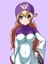 Rule 34 | 1girl, :3, blonde hair, breasts, closed mouth, covered navel, curly hair, dragon quest, dragon quest ii, hood, impossible clothes, long hair, looking at viewer, princess of moonbrook, purple eyes, robe, simple background, smile, solo