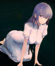 Rule 34 | 1girl, absurdres, all fours, arm support, black background, breasts, fate/stay night, fate (series), hair between eyes, heaven&#039;s feel, highres, large breasts, long hair, looking at viewer, matou sakura, official alternate costume, pigone, purple eyes, purple hair, red ribbon, ribbon, solo