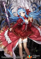 Rule 34 | 1girl, :o, bad id, bad tumblr id, blue eyes, blue hair, blush, bow, breasts, cleavage, copyright name, dress, fishnet thighhighs, fishnets, floating hair, flower, frilled hairband, frills, gambe, hair bow, hairband, holding, holding sword, holding weapon, juliet sleeves, lens flare, long hair, long sleeves, looking at viewer, medium breasts, mole, mole under eye, official art, puffy sleeves, qurare magic library, red bow, red dress, red flower, red rose, rose, skull, solo, standing, sword, thighhighs, watermark, weapon