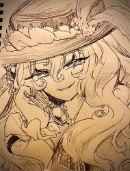 Rule 34 | 1girl, collared shirt, commentary request, cross, frilled hat, frills, greyscale, hat, hat feather, highres, holding, holding cross, jacket girl (dipp), long hair, long sleeves, looking at viewer, monochrome, neck ribbon, ribbon, sakihanaaa, shirt, solo, touhou, traditional media, very long hair, wavy hair