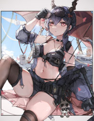 Rule 34 | 1girl, absurdres, alternate costume, arknights, bare shoulders, beach umbrella, belt, bikini, black bikini, black choker, black gloves, black hair, black jacket, black shorts, blue sky, bow (weapon), breasts, brown thighhighs, cameo, ch&#039;en (arknights), ch&#039;en the holungday (arknights), character doll, choker, cleavage, closed mouth, collarbone, crossbow, day, dragon horns, eyewear on head, gloves, highres, holding, holding weapon, horns, id card, jacket, large breasts, long hair, long sleeves, looking at viewer, low twintails, open clothes, open jacket, oreshki, outdoors, partially unzipped, red eyes, short shorts, shorts, sitting, skindentation, sky, solo, sunglasses, swimsuit, talulah (arknights), thighhighs, torn clothes, torn thighhighs, twintails, umbrella, weapon, zipper pull tab