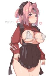 Rule 34 | 1girl, apron, bikini, blush, bow, breasts, brown apron, brown bow, brown headdress, brown headwear, closed mouth, clothes lift, covered erect nipples, fingernails, frilled apron, frilled headwear, frills, grey background, hair intakes, hair ornament, hairclip, heart, highres, jacket, jacket lift, large breasts, legs together, long sleeves, looking at viewer, maid headdress, miton-chan (miton (turuyasann)), miton (turuyasann), nail polish, original, pink hair, pink nails, red eyes, red jacket, short ponytail, simple background, skindentation, skull hair ornament, sleeves past wrists, solo, standing, sweat, swimsuit, thighs, track jacket, waist apron, wavy mouth, white bikini, wing hair ornament, zipper, zipper pull tab