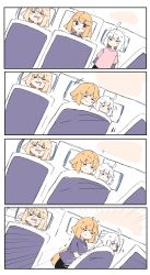 Rule 34 | 3girls, 4koma, :o, = =, absurdres, ahoge, blonde hair, blush stickers, closed eyes, closed mouth, comic, commentary request, drooling, fate/grand order, fate (series), futon, heart, highres, jeanne d&#039;arc (fate), jeanne d&#039;arc (ruler) (fate), jeanne d&#039;arc alter (avenger) (fate), jeanne d&#039;arc alter (fate), jeanne d&#039;arc alter santa lily (fate), layered sleeves, light brown hair, long sleeves, lying, multiple girls, nose bubble, on back, open mouth, parted lips, pillow, pink shirt, purple eyes, purple shirt, ranf, saliva, shirt, short over long sleeves, short sleeves, silent comic, smile, trembling, under covers, white hair