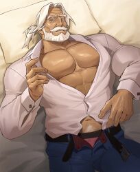 Rule 34 | 1boy, abs, bara, bare pectorals, beard, bed, belt, blue eyes, blue pants, dark-skinned male, dark skin, facial hair, highres, jp (street fighter), large pectorals, long hair, looking at viewer, loose belt, lying, male focus, male underwear, mature male, muscular, muscular male, mustache, navel, navel hair, old, old man, on bed, open fly, pants, partially unbuttoned, partially undressed, pectorals, pillow, pink male underwear, ponytail, sa1k0p, shirt, solo, street fighter, street fighter 6, thick eyebrows, thick mustache, underwear, white hair, white shirt